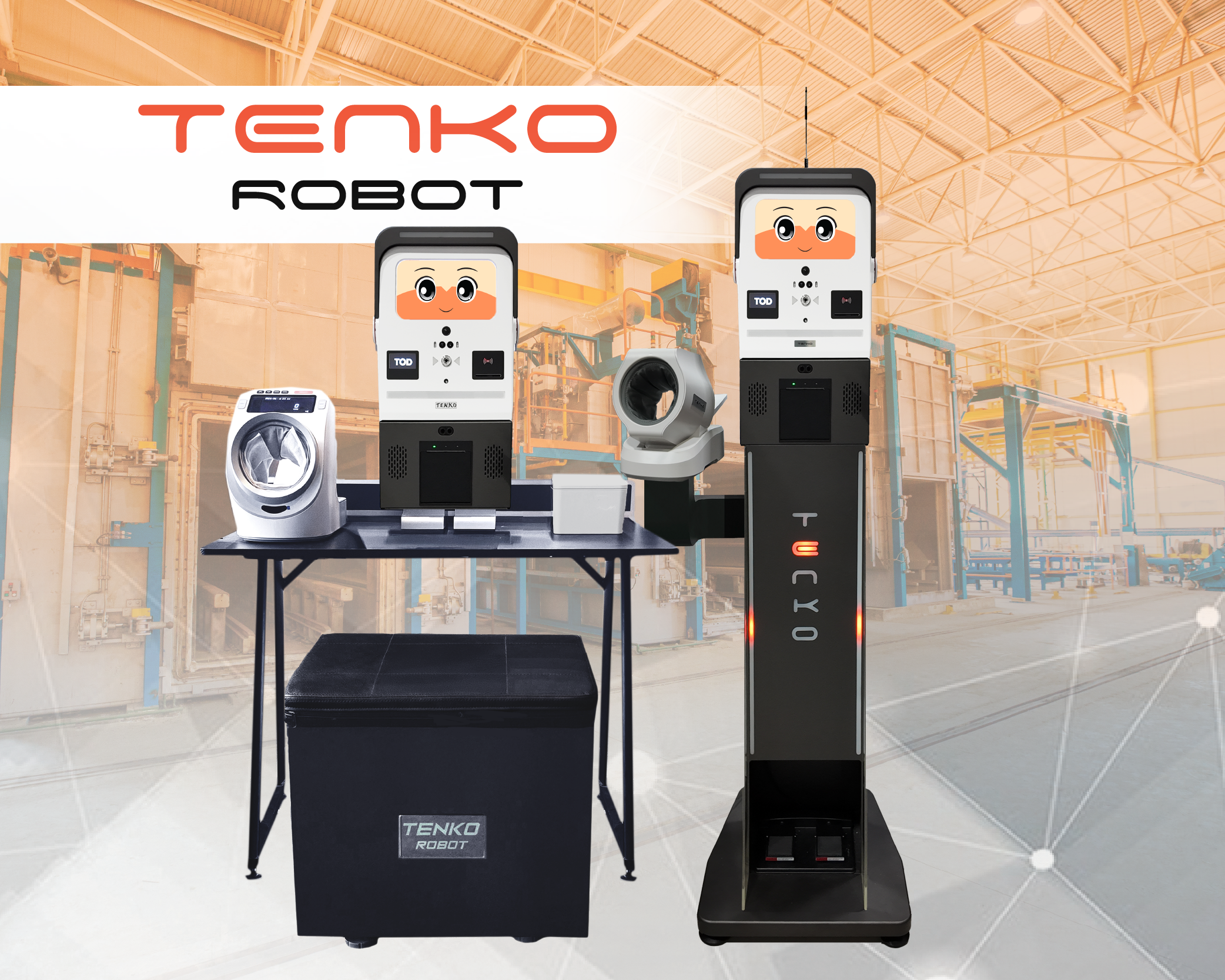 ภาพตัวเครื่อง Tenko Robot เครื่องวัดแอลกอฮอล์ และเครื่องตรวจสุขภาพอัตโนมัติ สำหรับพนักงาน ทำงานออนไลน์ 24 ชั่วโมง เหมาะกับการใช้งานตรวจสุขภาพในโรงงาน