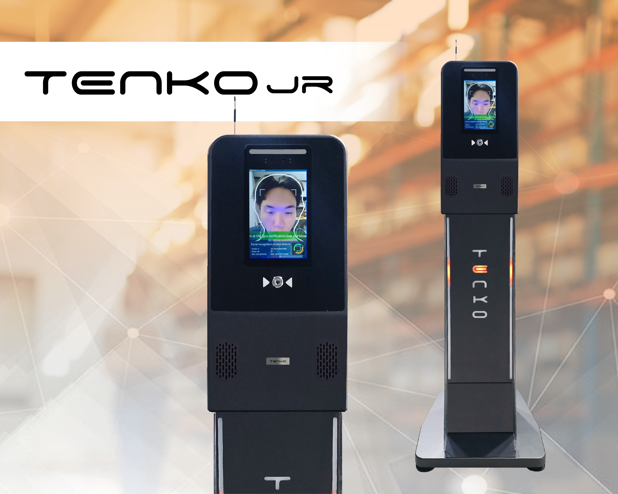 ภาพแสดงตัวเครื่อง Tenko รุ่น Jr เป็นเครื่องวัดแอลกอฮอล์ หรือเครื่องเป่าแอลกอฮอล์ อัตโนมัติที่สามารถตรวจได้อย่างรวดเร็ว แม่นยำ และส่งข้อมูลแจ้งเตือนออนไลน์ เหมาะกับการใช้ในโรงงานและ อุตสาหกรรมการขนส่ง