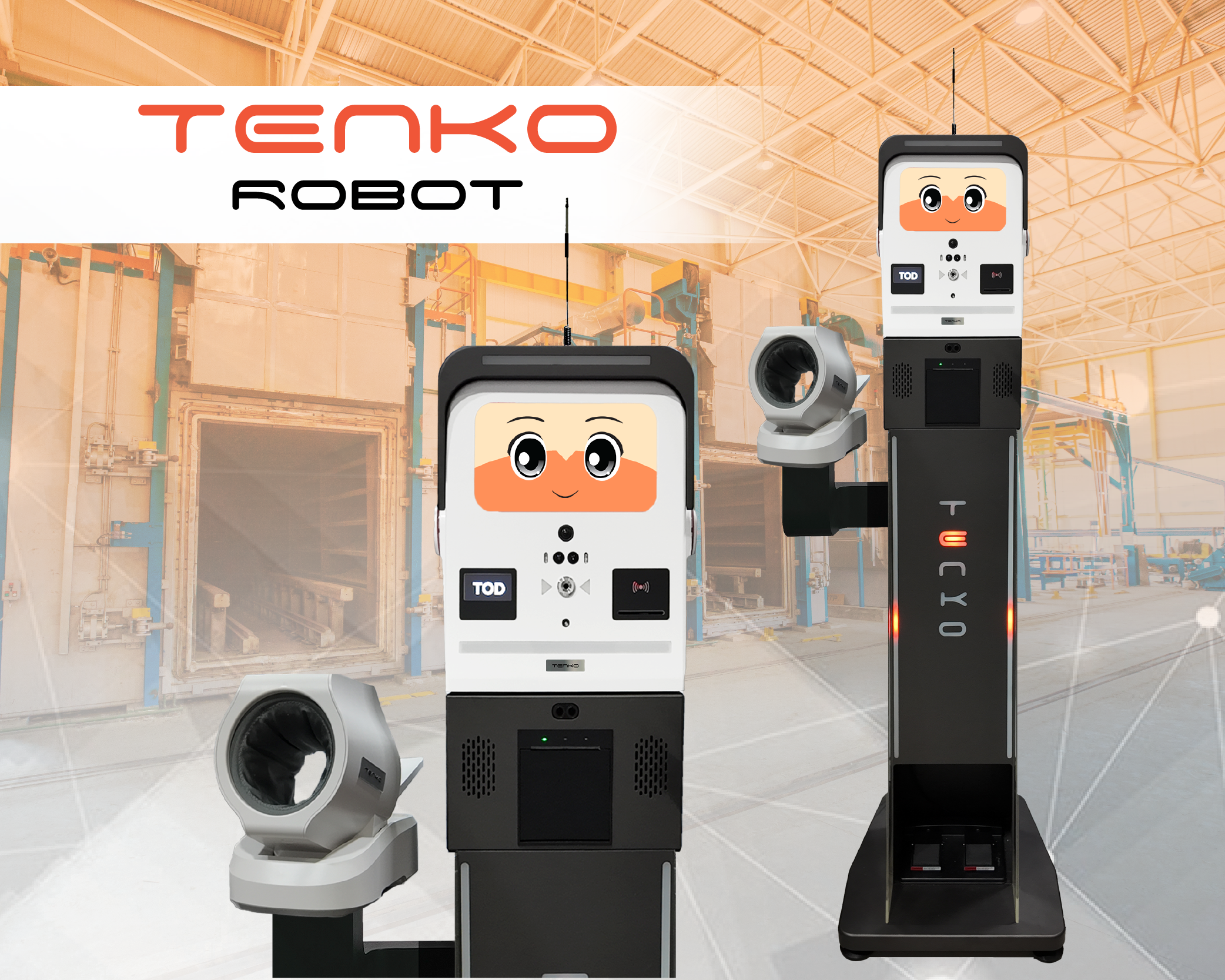 ภาพตัวเครื่อง Tenko Robot เครื่องวัดแอลกอฮอล์ และเครื่องตรวจสุขภาพอัตโนมัติ สำหรับพนักงาน ทำงานออนไลน์ 24 ชั่วโมง เหมาะกับการใช้งานตรวจสุขภาพในโรงงาน